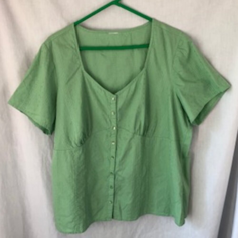 Grass Green Cotton Blouse Sweetheart Neckline Loose Fit Plus 1X 2X XXL